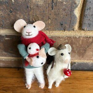 Set Of 2 Felted Wool Mice Christmas Ornaments